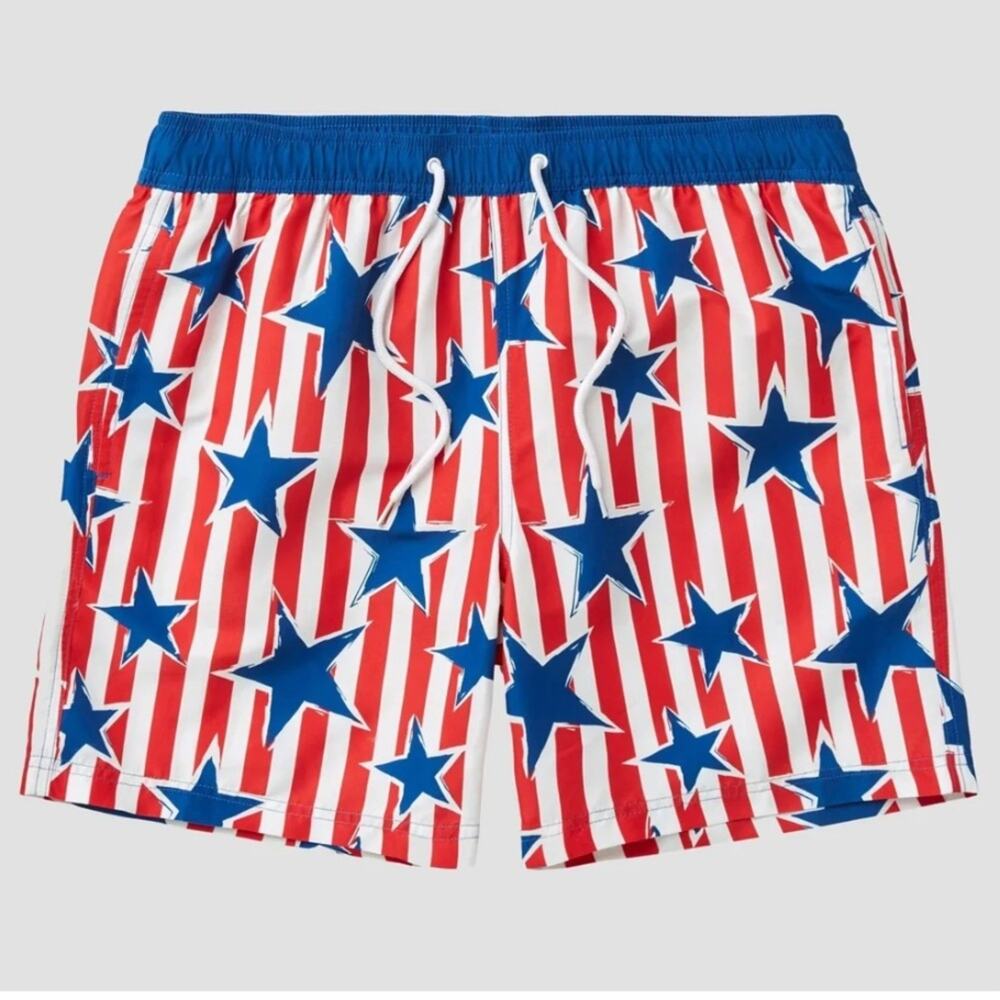 NEW MAD ENGINE Stars Striped Americana Swim Shorts Trunks Red White Blue SZ L